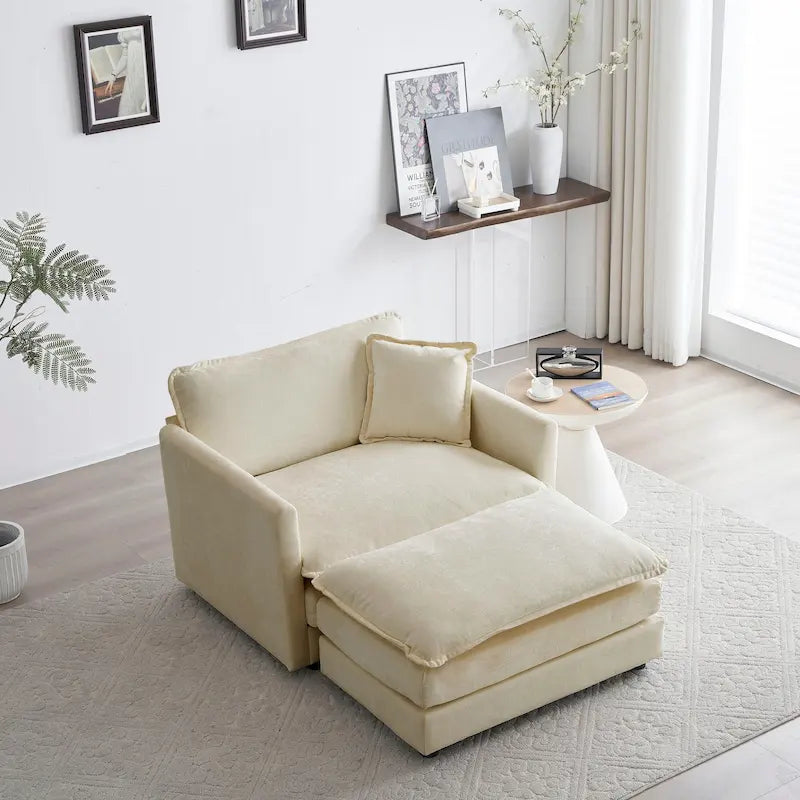 Accent Chair with Ottoman - Chenille Fabric, Solid Wood Frame, 41.4"W x 33"H, 300 lbs Capacity