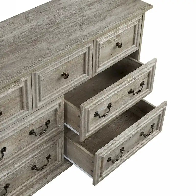 7-Drawer Dresser - White Wood Grain, Farmhouse Style, Metal Slides, Embossed Texture, Vintage
