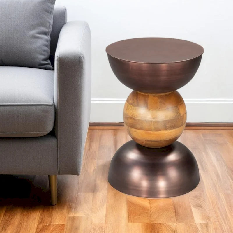 HomeRoots 20 Bronze and Brown Iron and Solid Wood Round Pedestal End Table - 14' X '20.3' X '14