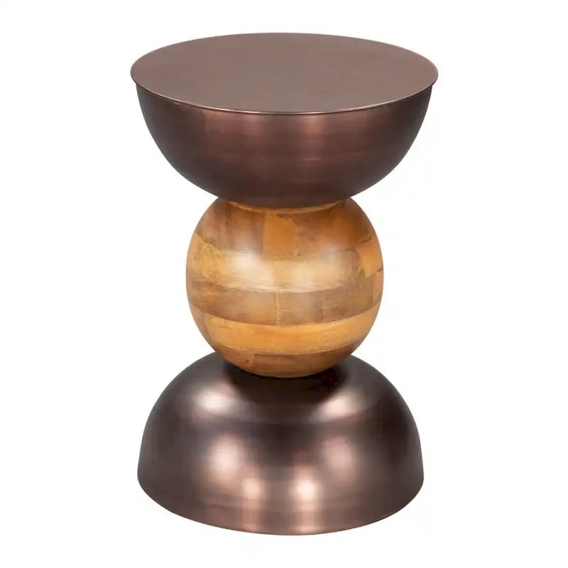 Round Pedestal End Table - Bronze & Brown, Iron & Solid Wood, 14"W x 20.3"H, Multi-Use