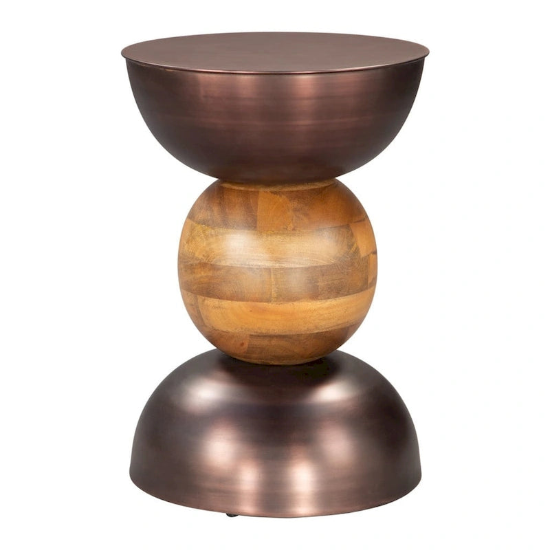 Round Pedestal End Table - Bronze & Brown, Iron & Solid Wood, 14"W x 20.3"H, Multi-Use