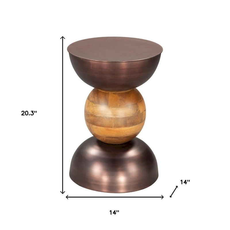 Round Pedestal End Table - Bronze & Brown, Iron & Solid Wood, 14"W x 20.3"H, Multi-Use