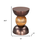 Round Pedestal End Table - Bronze & Brown, Iron & Solid Wood, 14"W x 20.3"H, Multi-Use