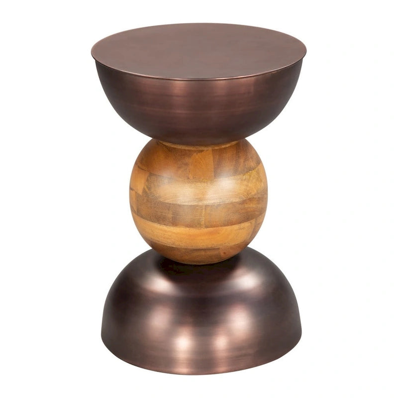 Round Pedestal End Table - Bronze & Brown, Iron & Solid Wood, 14"W x 20.3"H, Multi-Use