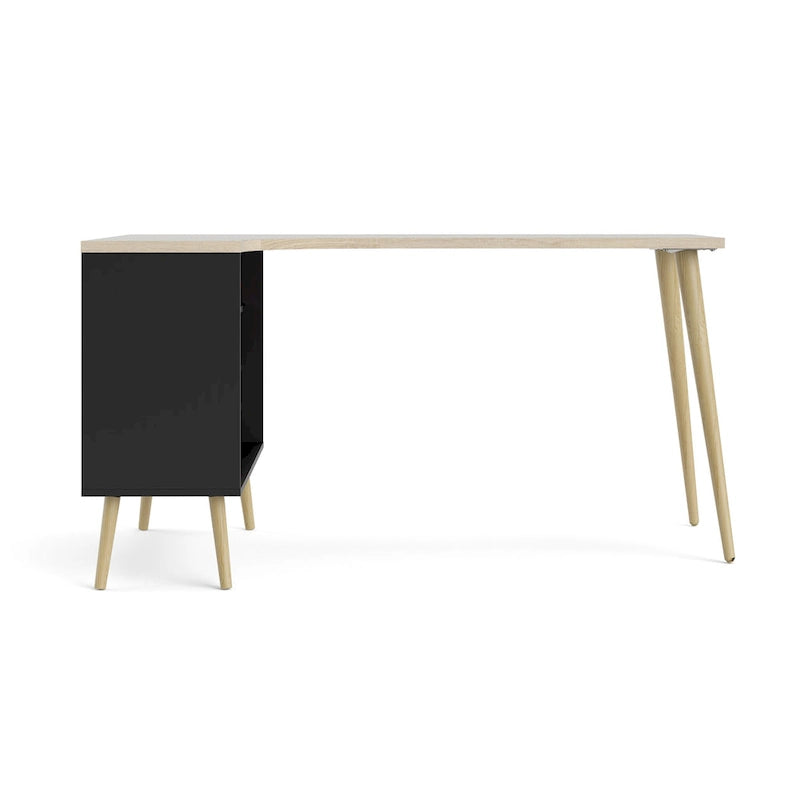 L-Shaped Desk - Black & Oak, 2 Drawers, 3 Shelves, Scandinavian, 57.13"W x 29.84"H