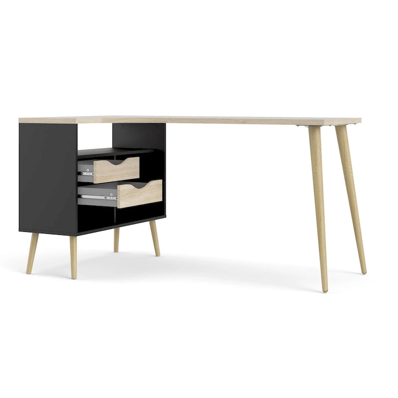 L-Shaped Desk - Black & Oak, 2 Drawers, 3 Shelves, Scandinavian, 57.13"W x 29.84"H