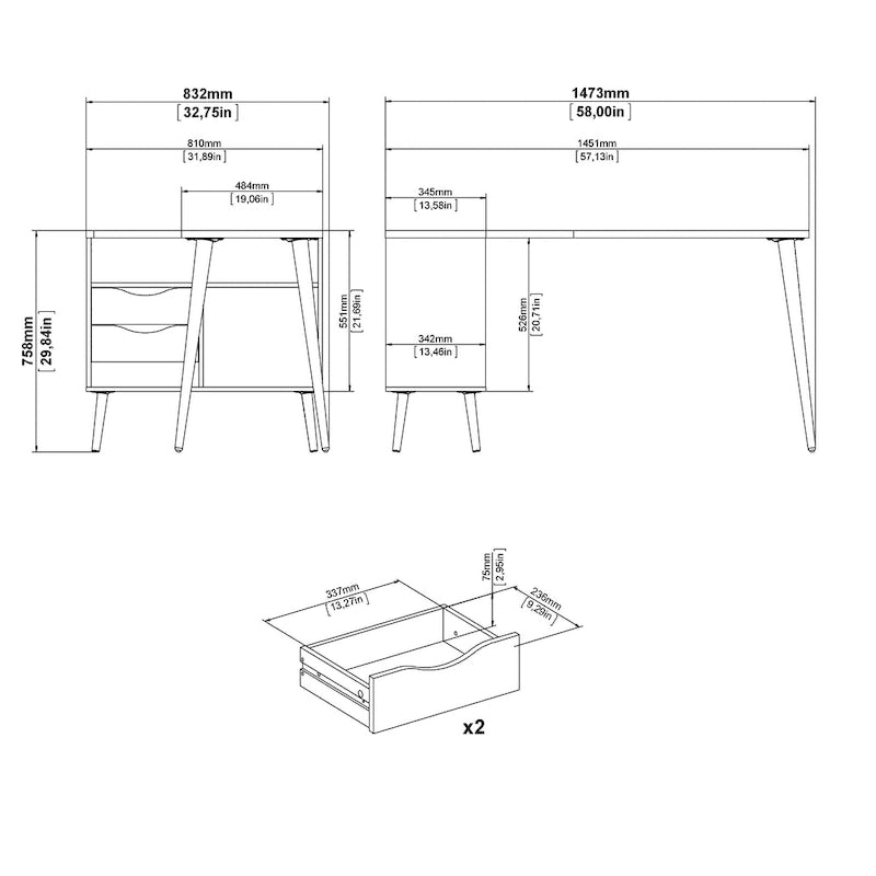 L-Shaped Desk - Black & Oak, 2 Drawers, 3 Shelves, Scandinavian, 57.13"W x 29.84"H