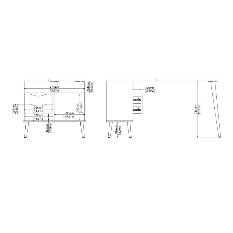L-Shaped Desk - Black & Oak, 2 Drawers, 3 Shelves, Scandinavian, 57.13"W x 29.84"H