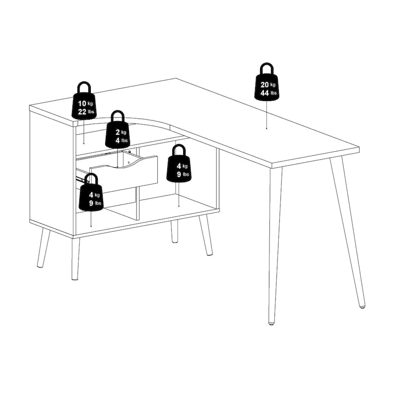 L-Shaped Desk - Black & Oak, 2 Drawers, 3 Shelves, Scandinavian, 57.13"W x 29.84"H