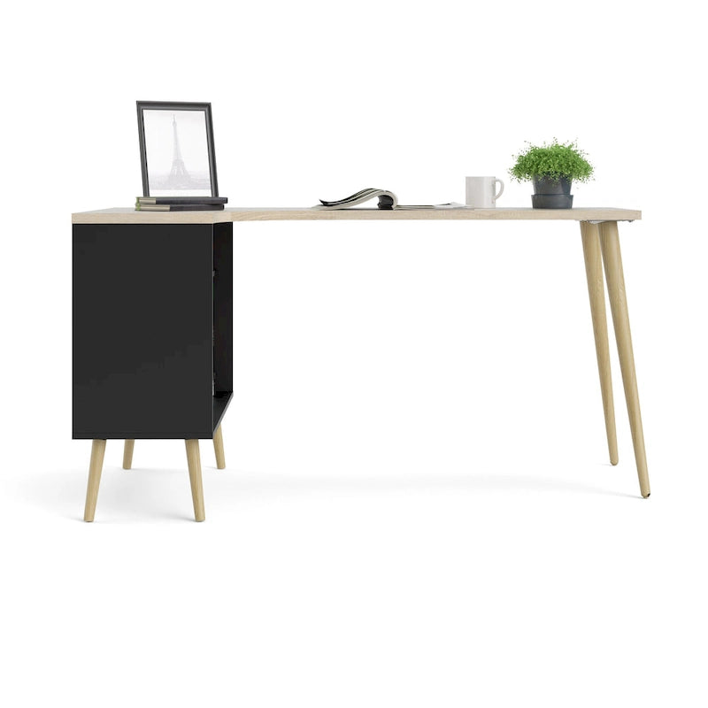 L-Shaped Desk - Black & Oak, 2 Drawers, 3 Shelves, Scandinavian, 57.13"W x 29.84"H