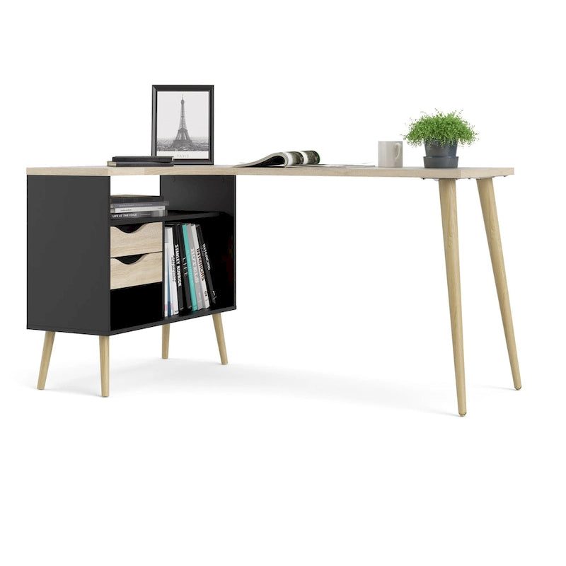 L-Shaped Desk - Black & Oak, 2 Drawers, 3 Shelves, Scandinavian, 57.13"W x 29.84"H