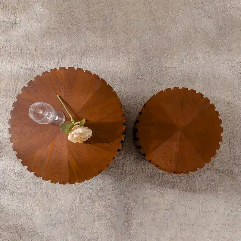 Round Wood Coffee Table - Hand-Carved Relief Design, Non-Slip Foot Pads, Fully Assembled