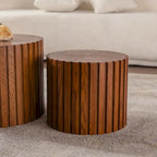 Round Wood Coffee Table - Hand-Carved Relief Design, Non-Slip Foot Pads, Fully Assembled