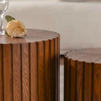 Round Wood Coffee Table - Hand-Carved Relief Design, Non-Slip Foot Pads, Fully Assembled