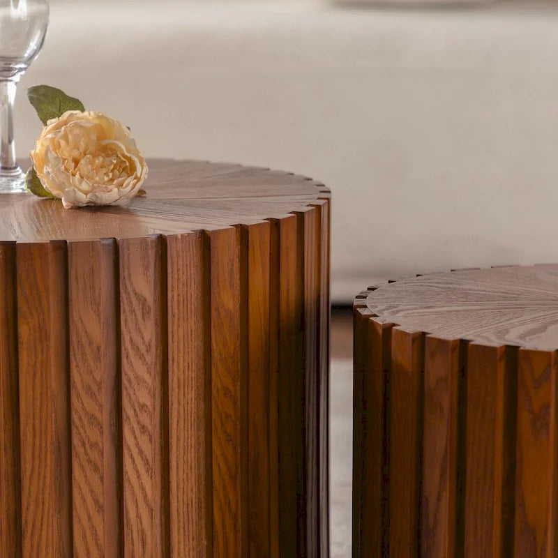 Round Wood Coffee Table - Hand-Carved Relief Design, Non-Slip Foot Pads, Fully Assembled