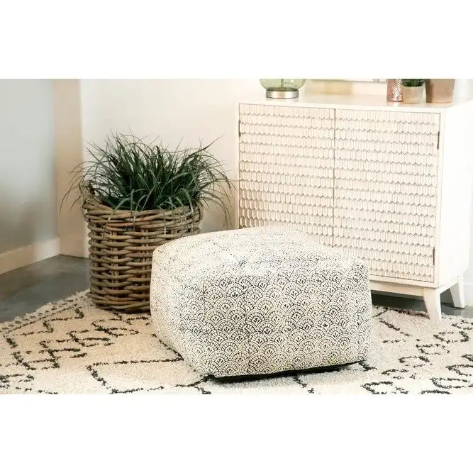 Square Floor Pouf - Cream & Black, Hand-Printed Cotton, 24"W x 13"H, Bohemian Style, 120 lbs