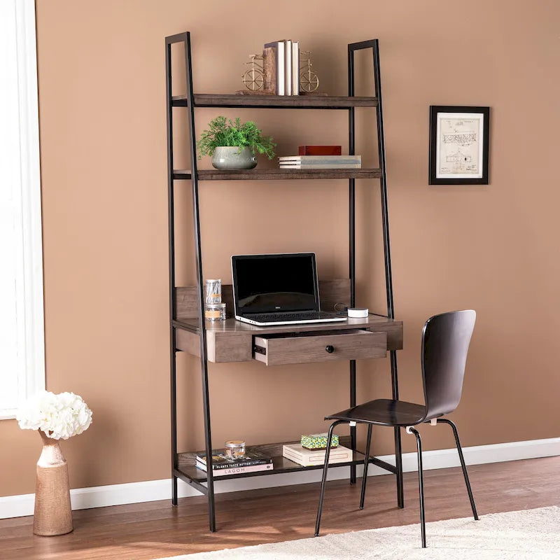 Ladder Desk - Gray Wood, 3 Shelves, 1 Drawer, Wireless Charger, Industrial, 33"W x 75.25"H