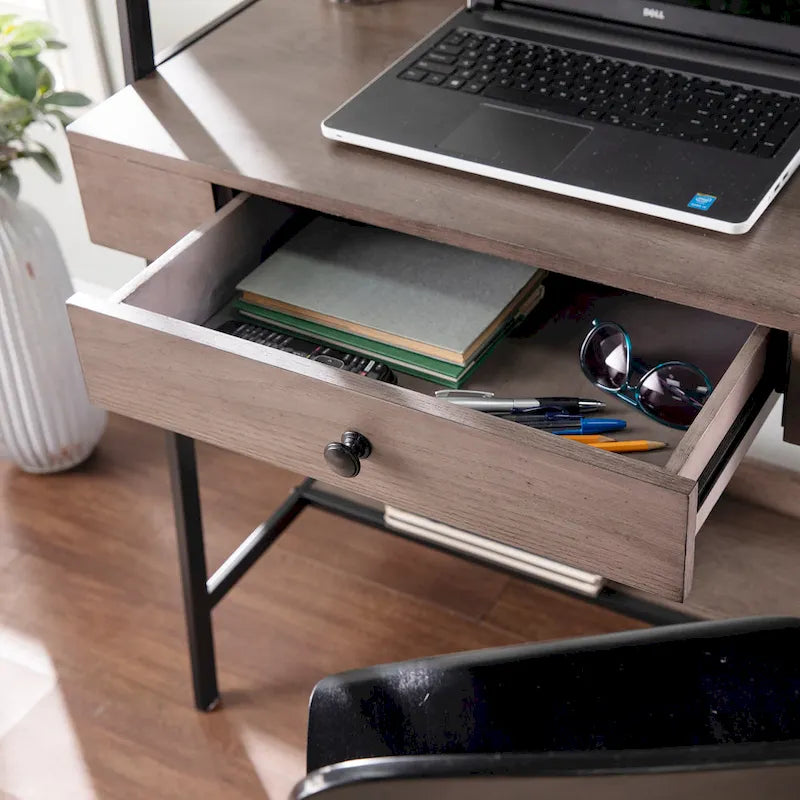 Ladder Desk - Gray Wood, 3 Shelves, 1 Drawer, Wireless Charger, Industrial, 33"W x 75.25"H