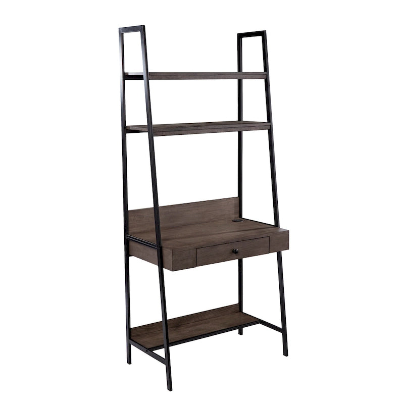 Ladder Desk - Gray Wood, 3 Shelves, 1 Drawer, Wireless Charger, Industrial, 33"W x 75.25"H