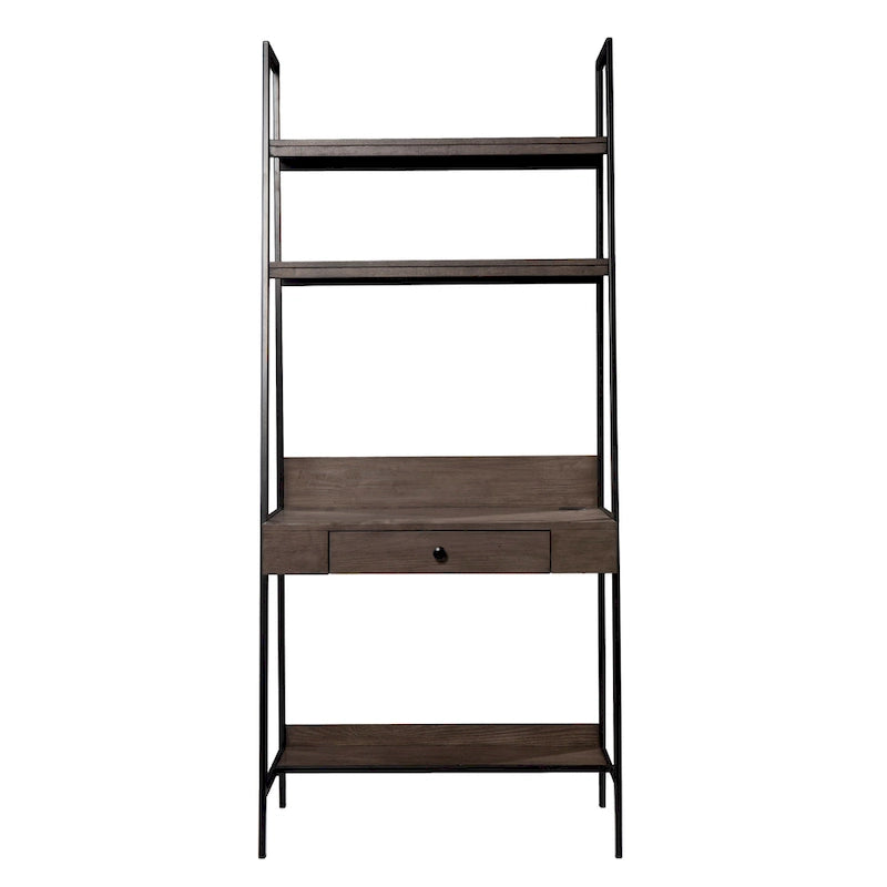 Ladder Desk - Gray Wood, 3 Shelves, 1 Drawer, Wireless Charger, Industrial, 33"W x 75.25"H