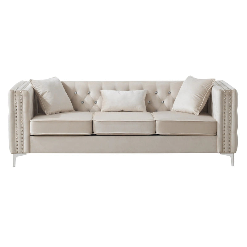 Paige 86 in. Tufted Velvet 3-Seater Sofa with 2-Throw Pillow - 86L x 34W x 30H