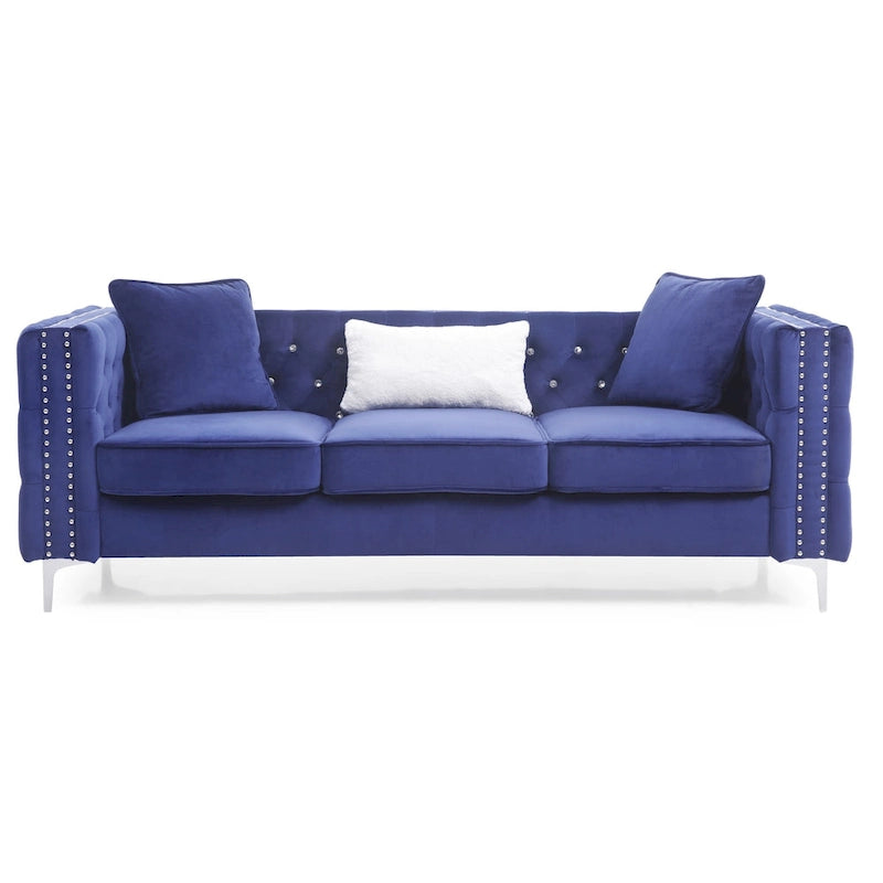 Tufted Velvet Sofa - Blue, 3-Seater, Track Arms, 2 Throw Pillows, 86"W x 30"H, Contemporary