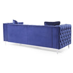 Tufted Velvet Sofa - Blue, 3-Seater, Track Arms, 2 Throw Pillows, 86"W x 30"H, Contemporary