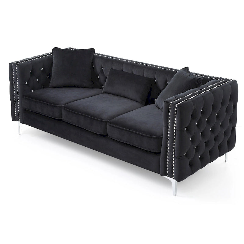Tufted Velvet Sofa - Blue, 3-Seater, Track Arms, 2 Throw Pillows, 86"W x 30"H, Contemporary