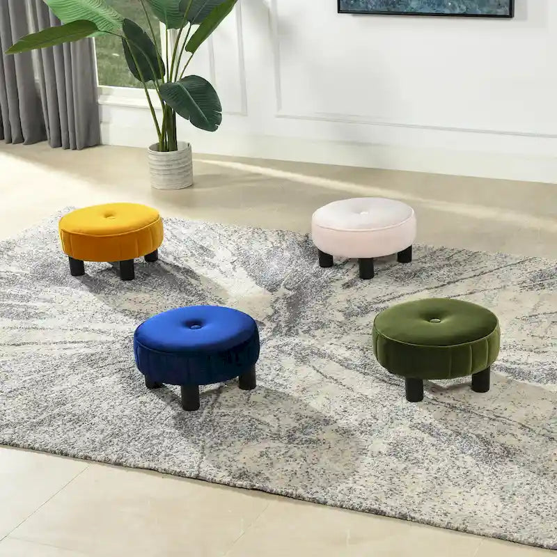 Round Footstool Ottoman - 16" Diameter, Vertical Tufted, Black Legs, Mid-Century Modern, 200 lbs