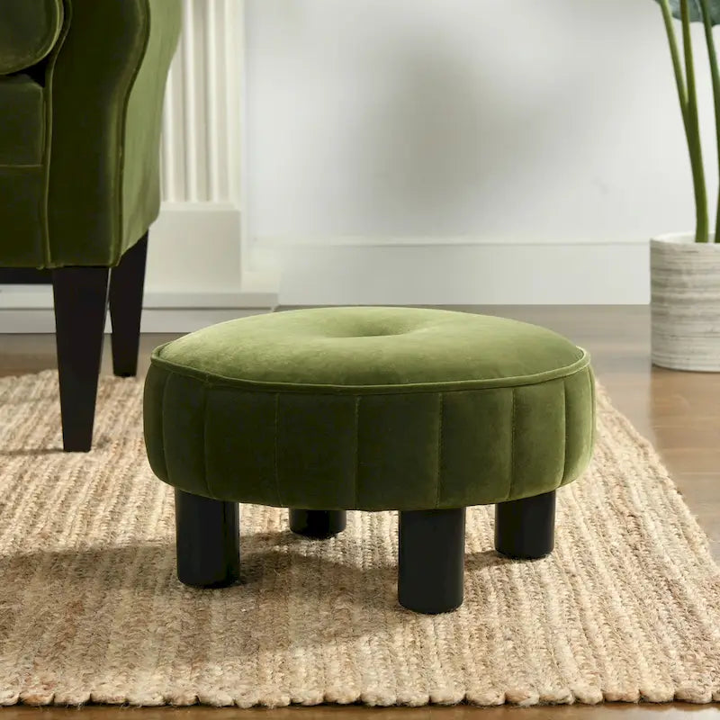 Round Footstool Ottoman - 16" Diameter, Vertical Tufted, Black Legs, Mid-Century Modern, 200 lbs