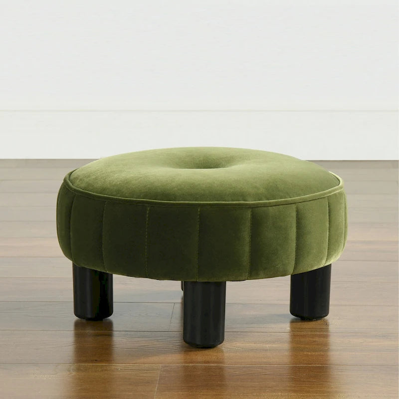 Round Footstool Ottoman - 16" Diameter, Vertical Tufted, Black Legs, Mid-Century Modern, 200 lbs