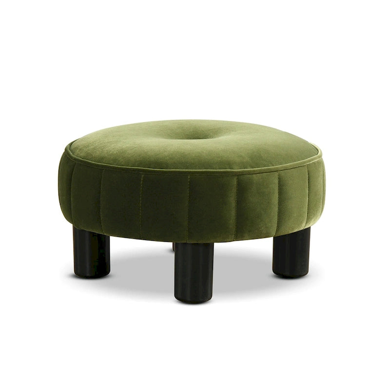 Round Footstool Ottoman - 16" Diameter, Vertical Tufted, Black Legs, Mid-Century Modern, 200 lbs
