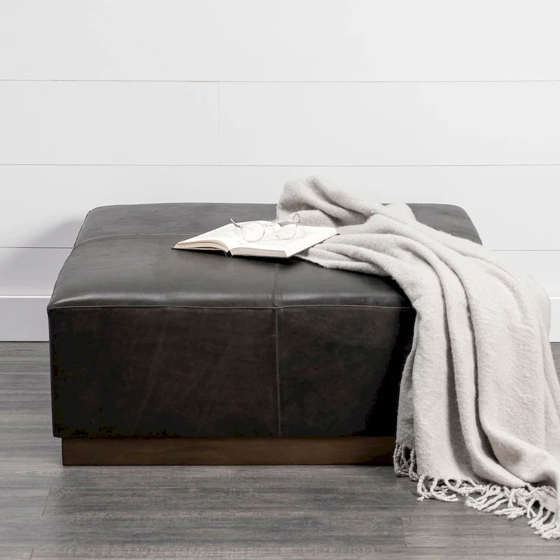 Minara Black Genuine Leather w/ Gold Metal Base 36 Square Ottoman