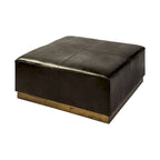 36" Square Ottoman Black Genuine Leather Top-Grain Upholstery Brass Metal Base Modern Living Room Furniture