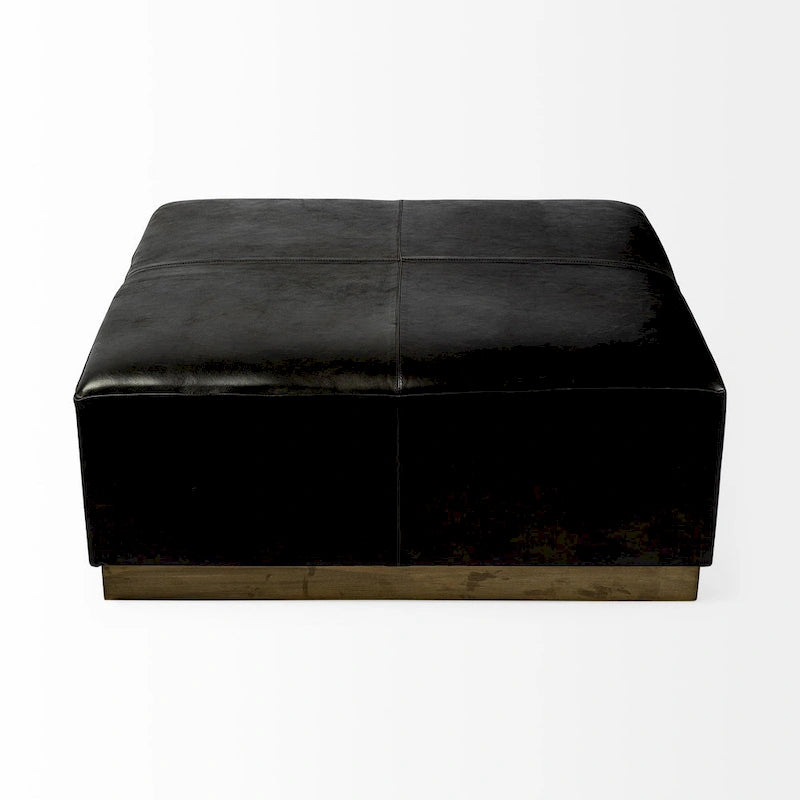 36" Square Ottoman Black Genuine Leather Top-Grain Upholstery Brass Metal Base Modern Living Room Furniture