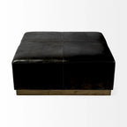 36" Square Ottoman Black Genuine Leather Top-Grain Upholstery Brass Metal Base Modern Living Room Furniture
