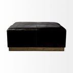 36" Square Ottoman Black Genuine Leather Top-Grain Upholstery Brass Metal Base Modern Living Room Furniture