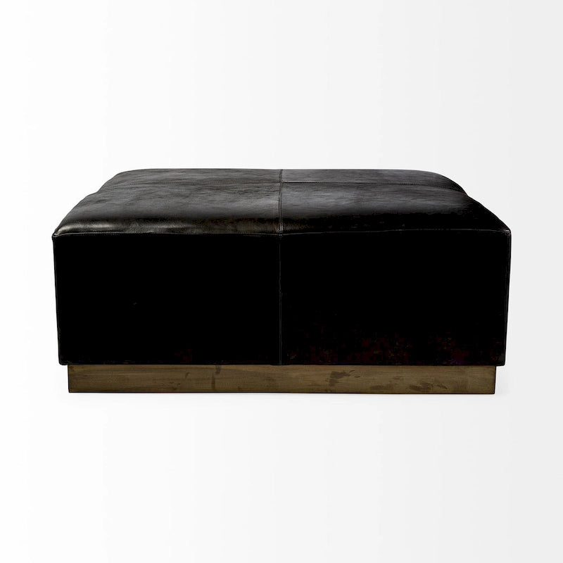 36" Square Ottoman Black Genuine Leather Top-Grain Upholstery Brass Metal Base Modern Living Room Furniture