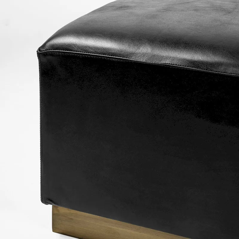 36" Square Ottoman Black Genuine Leather Top-Grain Upholstery Brass Metal Base Modern Living Room Furniture