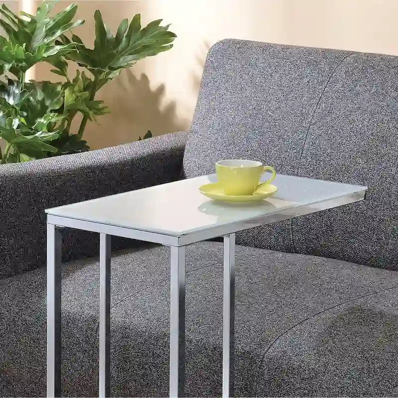 Accent Table - White Tempered Glass Top, Chrome Base, Slides Under Sofa, Multi-Functional