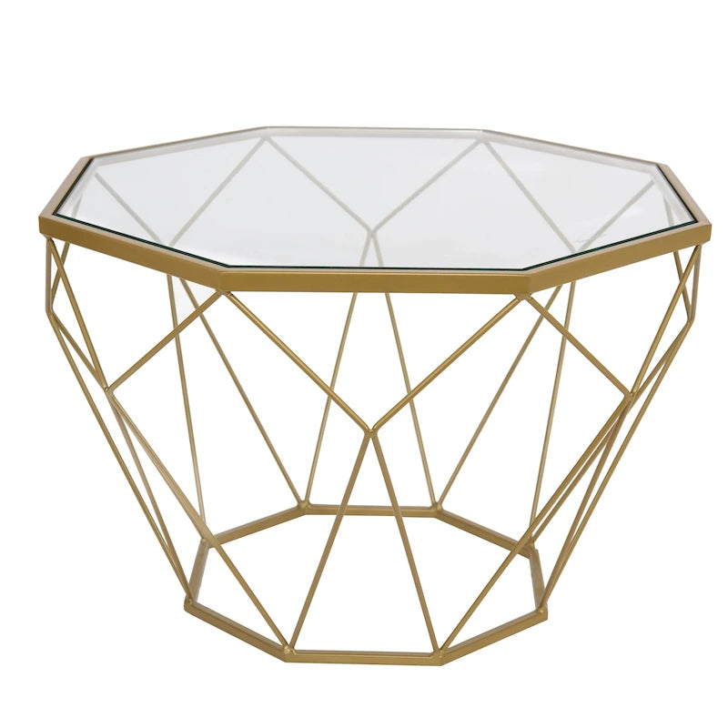 Modern Octagon Coffee Table - 21.5" Tempered Glass Top, Gold Geometric Metal Base, Multi-Use