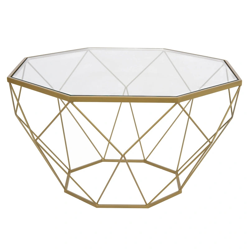 Modern Octagon Coffee Table - 21.5" Tempered Glass Top, Gold Geometric Metal Base, Multi-Use