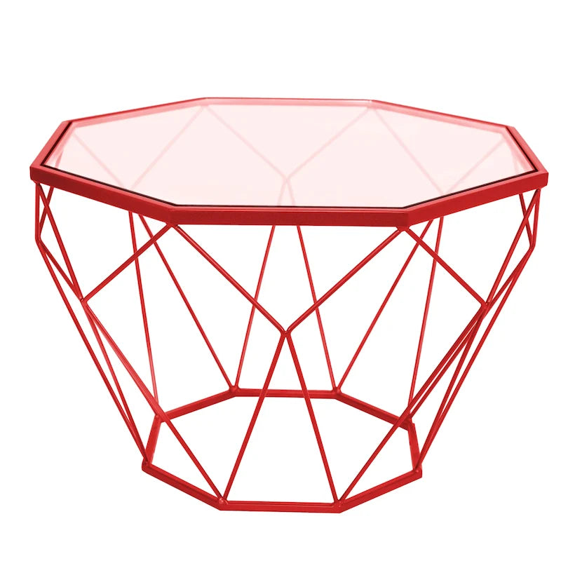 Modern Octagon Coffee Table - 21.5" Tempered Glass Top, Gold Geometric Metal Base, Multi-Use