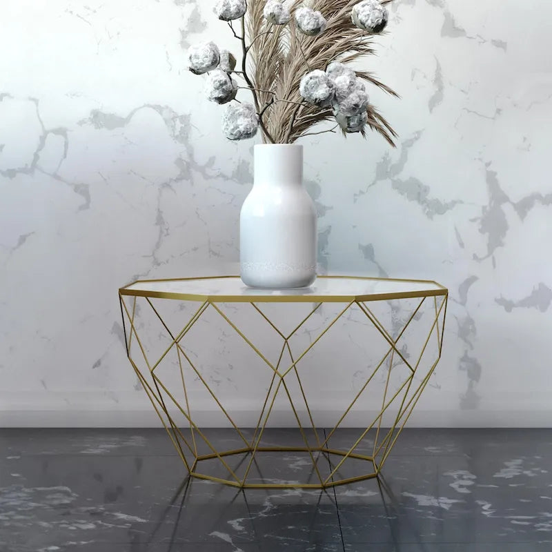 Modern Octagon Coffee Table - 21.5" Tempered Glass Top, Gold Geometric Metal Base, Multi-Use