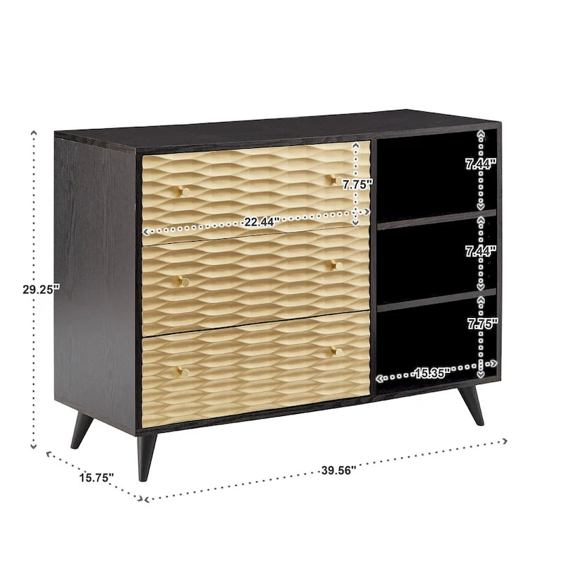 Accent Chest - Black & Gold Two-Tone, 3 Drawers, 3 Shelves, 39.56"W x 29.25"H, Splayed Feet