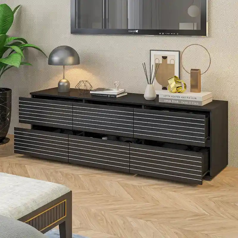 Low Profile Dresser/TV Stand - Black & White, 6 Drawers, 63"W x 19.7"H, Multi-Functional