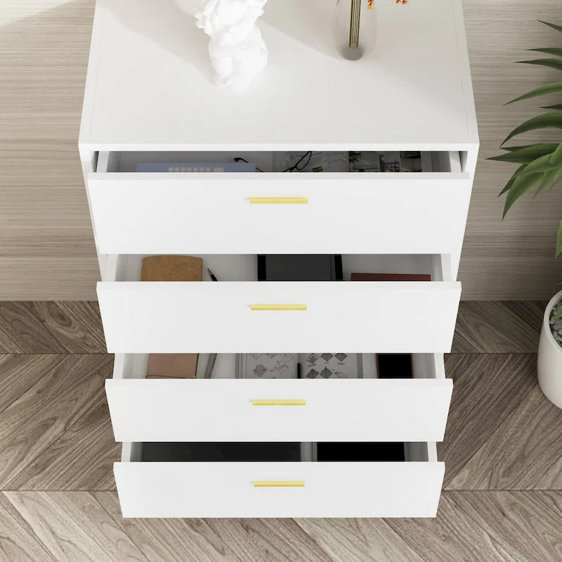 4-Drawer Chest - White, Engineered Wood, Raised Legs, 37.5"W, Modern Space-Saving Design