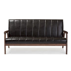 Mid-Century Modern Sofa - Dark Brown Faux Leather, Rubberwood Frame, 3-Seater, 63.98W x 31.89H