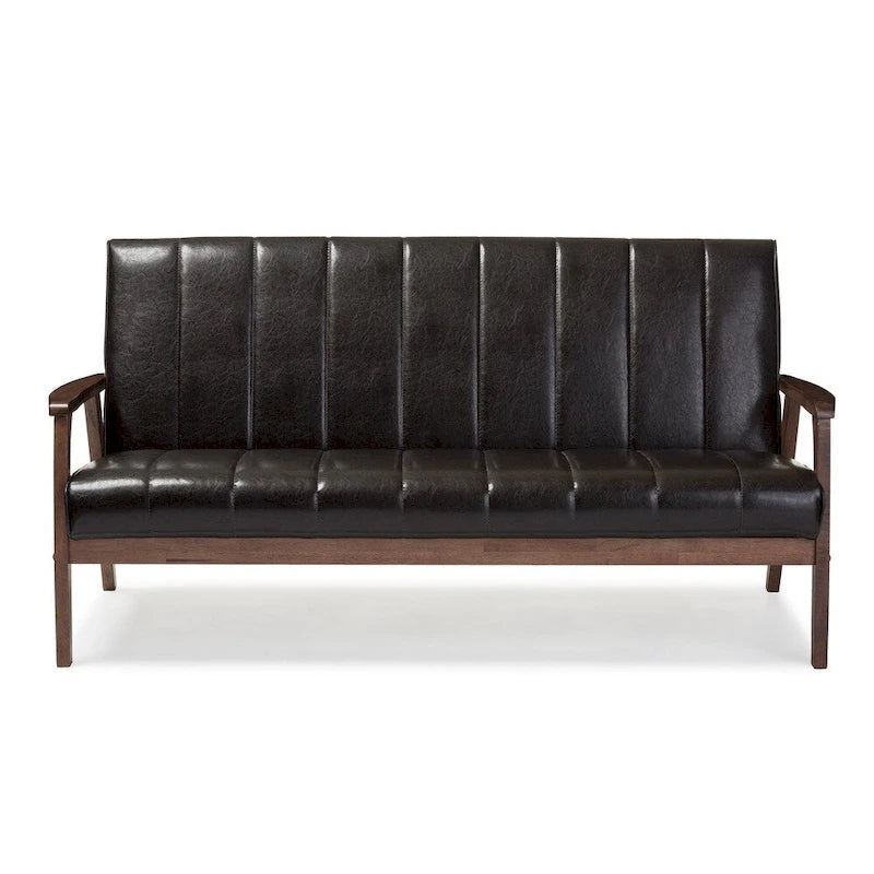 Mid-Century Modern Sofa - Dark Brown Faux Leather, Rubberwood Frame, 3-Seater, 63.98"W x 31.89"H