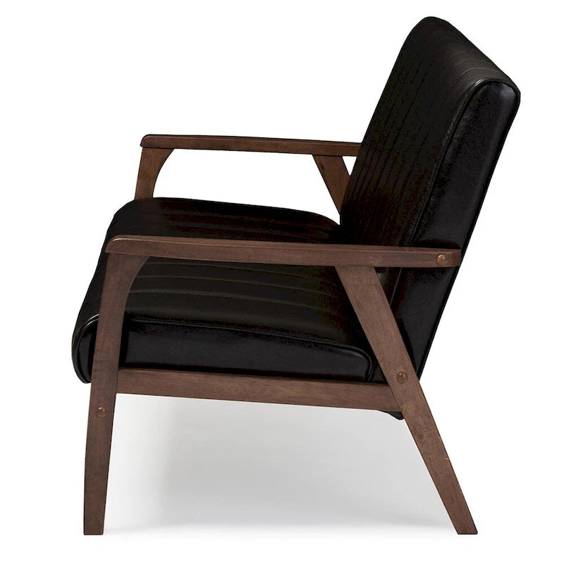 Mid-Century Modern Sofa - Dark Brown Faux Leather, Rubberwood Frame, 3-Seater, 63.98W x 31.89H